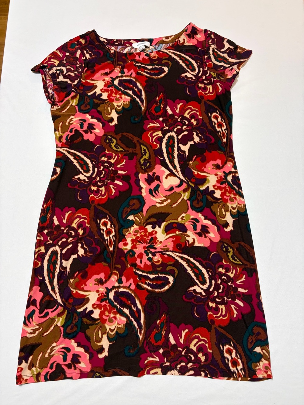 Nine West Paisley Floral Short Sleeve Sheath Dress Large Boho Office Modern Fall